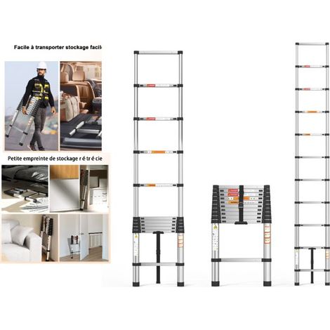 Telescopic ladder 3.2 m - Made of stainless steel - For camper van, attic, office, warehouse - Easy to transport