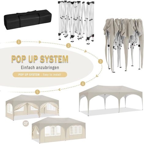 Abri de jardin 3x6m tonnelle pliante avec 6 parois latérales, hauteur réglable, imperméable, anti-UV, chapiteau de fête avec sac de transport (1/5)