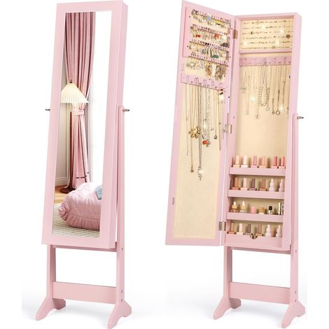 Armoire à bijoux sur Pied avec Miroir Psyché Coffre à Bijoux, Armoire de Rangement Cosmétiques,3 Positions Réglables, Rose (1/5)