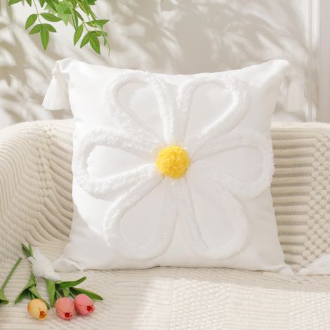 Housses de coussin de printemps et d'été, 18 x 18 pouces, style champêtre, couvertures de coussin blanc à marguerites et franges, coussins de broderie douce à marguerites pour chambre à coucher et can
