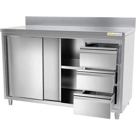 Meuble bas inox 1800x600 mm adossée avec 3 tiroirs à droite PREMIUM - GOLDINOX (1/3)
