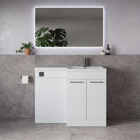 Napoli 390 Gloss White 1100mm 2 Door Vanity Unit Toilet Suite with Square Right Hand Lucia Basin - 1100mm - Gunmetal Grey 160mm HandleWithout Kingston Toilet Pan