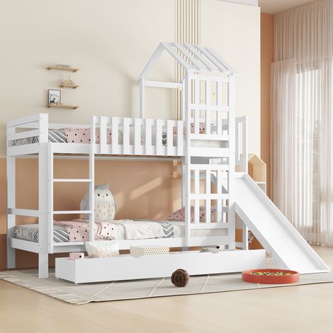REDOM Lit superposé 90x200 cm Grande tiroir sur roulettes avec toboggan et toit fenêtre bois et MDF Blanc (Sans matelas) (1/5)