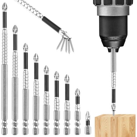 9 Pièces Foret de Tournevis Magnétique Haute Précision,Embouts Vissage Magnétiques À Intensité,25-150mm Durabilité Bit Foret,Ensemble D'embouts Visseuse Haut Magnétique,pour Perceuse Electrique (1/5)