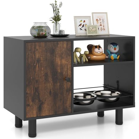 Goplus – Meuble gamelle pour chien avec hauteur réglable – 2 bols en acier inoxydable – Armoire coulissante et verrouillable – Dimensions 82x35x60cm