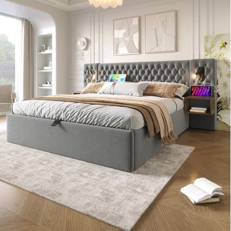 Letto matrimoniale 180x200 cm in velluto grigio con contenitore, senza materasso - FLORAGRACE (1/5)