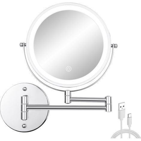 Miroir de maquillage mural avec lumières, 20,3 cm double face 1x/10x, miroir de rasage grossissant pour salle de bain avec 3 lumières de couleur, miroir cosmétique extensible rechargeable (1/5)
