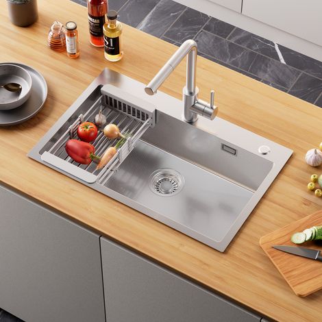 Anycee Max Évier de cuisine en acier inoxydable 70 x 45 cm – Évier à encastrer fait main avec égouttoir, grand évier pour meubles bas de cuisine de 80 cm et plus, argent (1/5)
