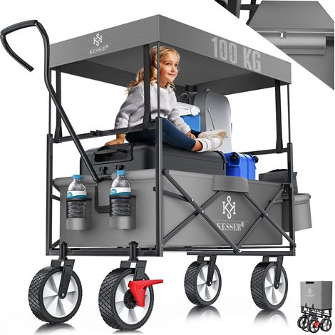 KESSER® Carretilla de mano plegable con techo Carretilla de mano Carro de transporte Carretilla portaequipajes incl. 2 bolsillos de rejilla y una bolsa exterior plegable neumáticos de goma maciza