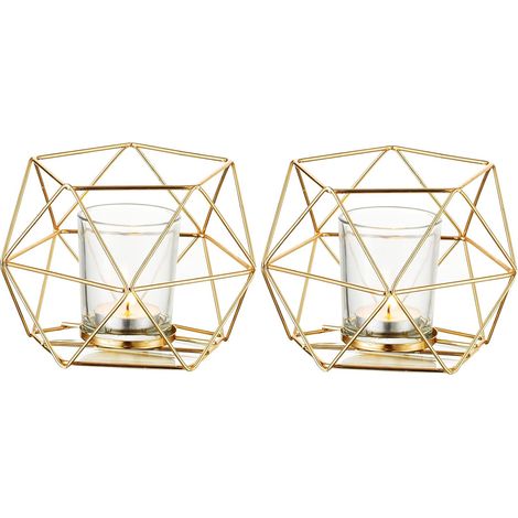 Bougie Doré Bougeoir - Lot de 2 Bougeoirs Mariage Centre de Table pour Bougies Géométrique Design Moderne de Anniversaire Maison Décoration Métal-Fei Yu (1/5)