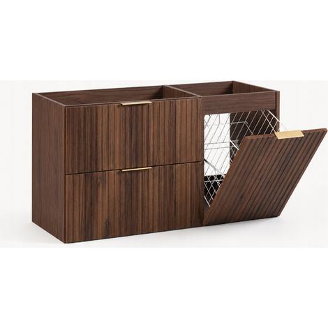 Meuble sous vasque suspendu FLOW 100 cm noyer foncé avec panier à linge (1/5)