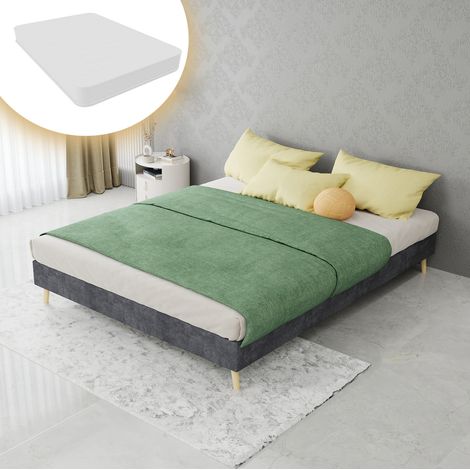 Cama doble para adulto 140x200 cm gris con colchón, base baja, terciopelo y metal MEUBLIV (1/5)