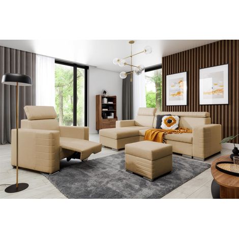 Ecksofa inkl. Hocker und Sessel CANTON Stoff Liverpool Beige Ottomane Links (1/4)