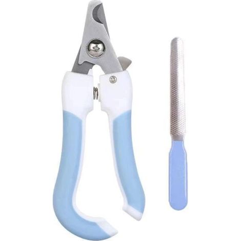 Coupe-ongles pour chats et chiens (avec lime intégrée) — Lames en acier inoxydable, doté d'une butée de sécurité pour éviter de couper trop court — Bleu/Blanc