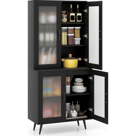 COSTWAY Credenza da Cucina Salvaspazio, Armadio Dispensa con 4 Ante Trasparenti, Ripiano Regolabile e Gambe in Metallo, Mobiletto Alto per Soggiorno e Sala da Pranzo, 80 x 40 x 178,5 cm (Nero) (1/5)