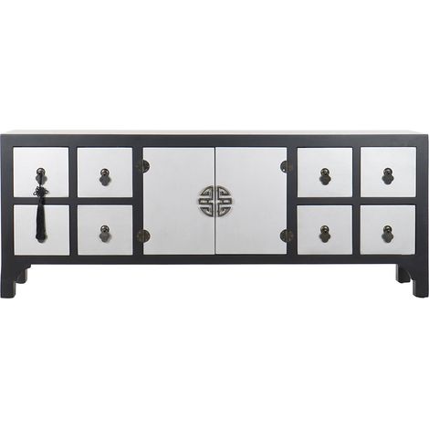 Meuble TV en bois noir avec 8 tiroirs et 2 portes - Largeur 130 x Hauteur 51 x Profondeur 24cm -PEGANE- (1/4)