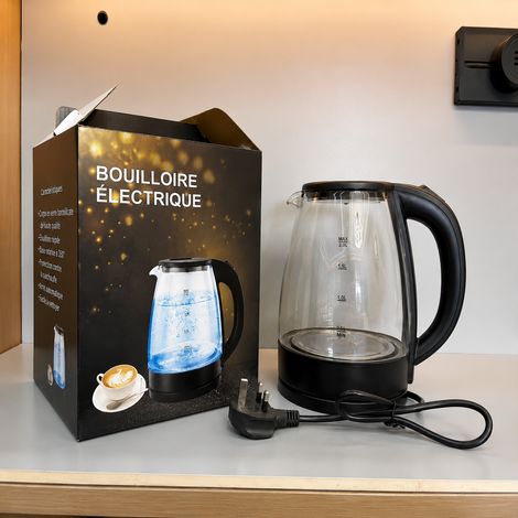 Bouilloire électrique en verre 2L avec LED bleue et prise UK 2l 300 3800 réf 920 g – Livraison gratuite