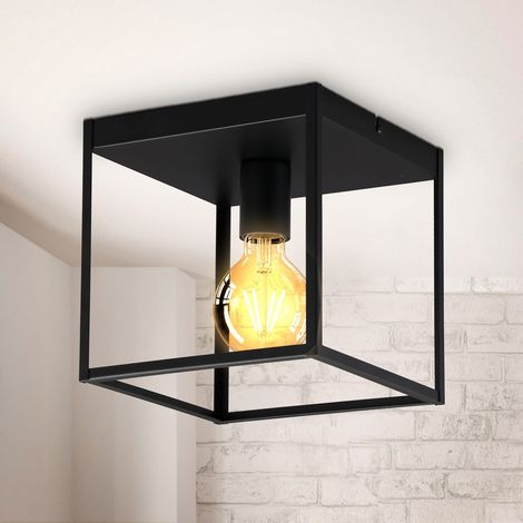 B.K.Licht Plafonnier rétro cage métal noir mat 1 flamme carré 22x22 cm culot E27 pour ampoule 60 W lampe de plafond salon chambre couloir (1/5)