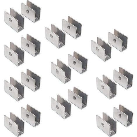 Juego de 20 soportes para estantes de vidrio – Acero inoxidable 201 con abrazadera redonda ajustable para espesores de 8 a 12 mm, tamaño del panel 26,5 x 36,5 x 16,5 mm (1/5)