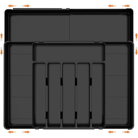 Range Couverts pour Tiroir,6-9 Compartiments,Plateau d'Ustensiles Extensible pour Tiroir,36.5cm-54cm,pour Cuillères Fourchettes Couteaux Vaisselle,Robuste,Facile nettoyer,Noir