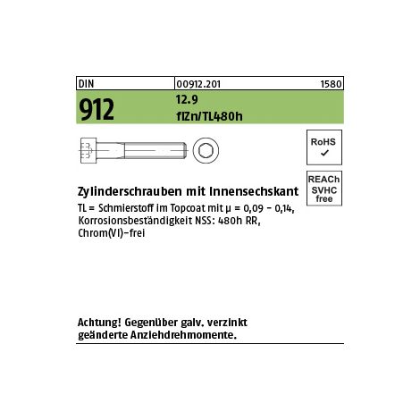 DIN 912/ISO 4762 Zylinderkopf-Schaftschraube M10x45 Stahl 12.9 zinklamellenbeschichtet Innensechskant 100 Stk