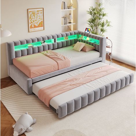 Letto estraibile 90/200 cm grigio chiaro in velluto con LED, USB/Type-C e vani portaoggetti (1/5)