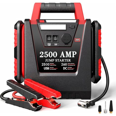 Booster de Batterie Voiture 2500A avec Gonfleur 150 PSI, Démarreur 12V pour Moteurs Essence/Diesel jusqu'à 8.0L, Batterie Externe 20000mAh, Lampe LED 500LM pour Camion, Moto, SUV (1/5)