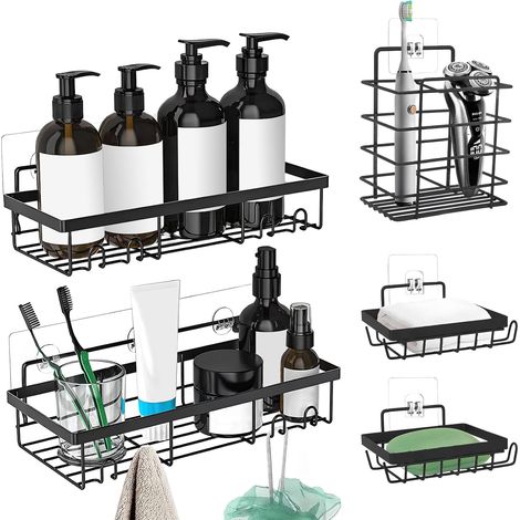 5er-Set Duschablagen (ohne Bohren) – Edelstahl – mit Zahnpastahalter und 2 Seifenschalen – Badezimmerregal für Shampoo und Duschgel – Schwarz (1/5)