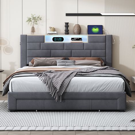 Letto contenitore con cassetti 140x200 cm - Letto con vano contenitore idraulico, illuminazione LED RGB e porte USB/Type-C - Velluto, Grigio