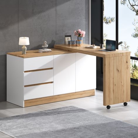 Bureau sur roulettes verrouillables – design multifonctionnel, plateau tournant plus épais de 4 cm, verrouillable, blanc/chêne, bureau pliant, bureau d'angle, buffet, matériau épais (1/5)
