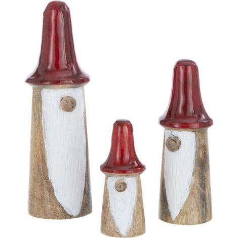 Lot de 3 Gnomes "Champignons" 25cm Naturel & Rouge