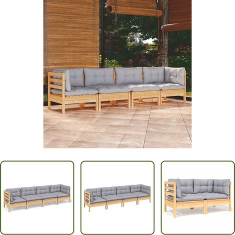 Terrassensofa - 4-tlg. Garten-Lounge-Set mit Grauen Kissen Kiefer Massivholz (1/5)