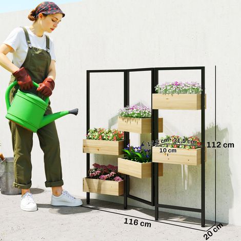 Séparateur de pièce avec 6 bacs, paravent extérieur pliable à 3 panneaux avec trou de drainage et doublure, bois naturel (1/5)