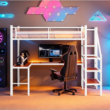 Lit mezzanine 90x190 cm avec bureau en L, rangements et escalier, en métal blanc, sans matelas (1/5)