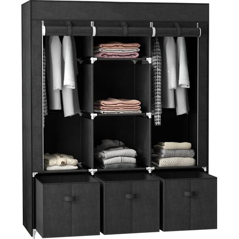 Stoffschrank aus Vlies, Faltschrank, inkl. 3 Schubladen, 125 cm x 43 cm x 162,5 cm, Schwarz