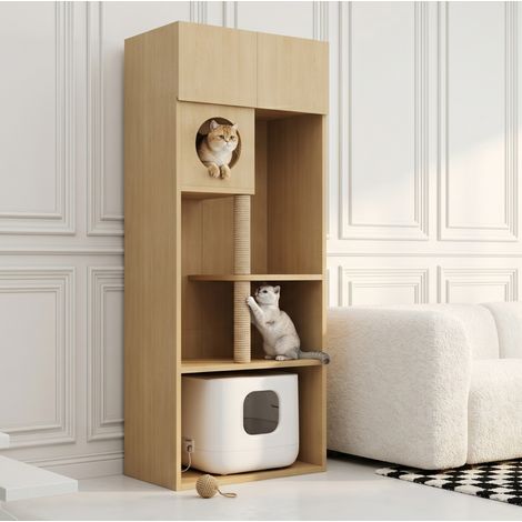 Mueble arenero para gatos con rascador y almacenamiento 80 x 45 x 193 cm madera natural DESVIAE (1/5)