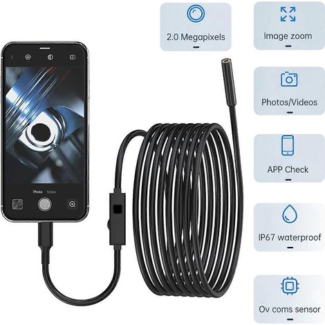 Endoskopkamera mit Licht, IP67 wasserdichtes Boroskop mit 8 LED-Leuchten, 5 m langes, halbstarres Kabel, 2.