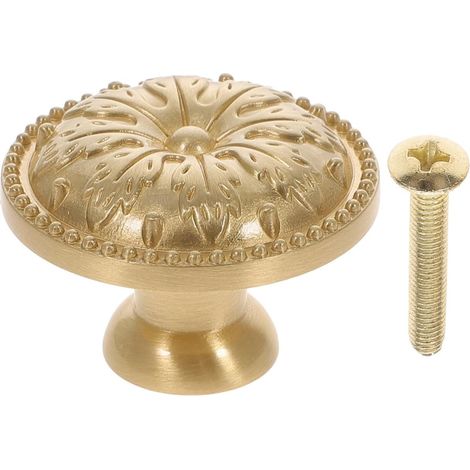 Bouton de Meuble Rond en Cuivre, Poignée de Porte en Laiton Antique Motif Européen Gravé, Finition Or, Format à Trou Unique, Léger pour Placard et Commode (1/5)