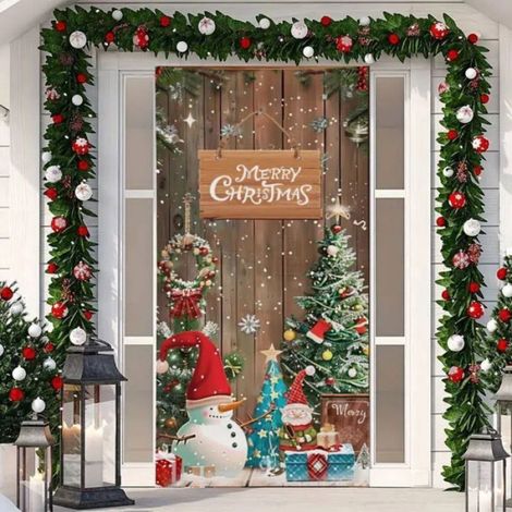 Bannière Porte Noël - Tissu Polyester - 91 x 203 cm - Motif Flocon Neige et Merry Christmas - Décoration Extérieure Intérieure - 1 Pièce (1/5)