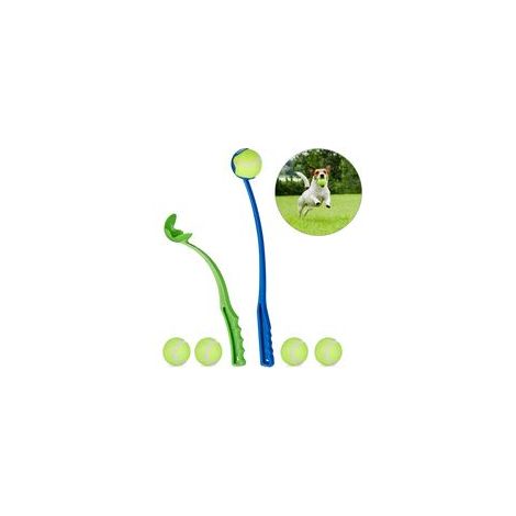 Lot de 2 lanceurs de balle avec 5 balles de tennis, pour chien, bleu/vert –