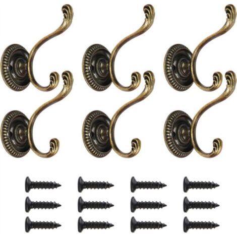 FENOPLASTICALot de 6 patères vintage à double crochet, robustes et durables, idéales comme patères murales, patères de chambre ou patères décoratives de porte. Vis incluses. Convient également pour la (1/4)