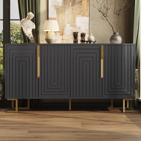 Buffet bas 152x40x75 cm, meuble de rangement avec façade géométrique, poignées et pieds dorés, MDF, noir (1/5)
