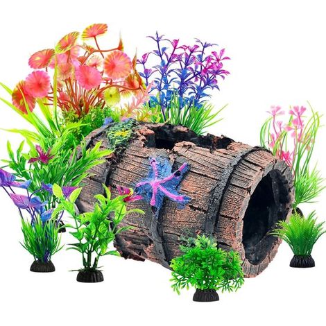 1 barril con forma de estrella de mar + 8 plantas de acuario - Set de decoración para acuario - Accesorios para esconder peces betta (1/5)