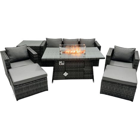 Fimous Rattan Gartenmöbel Set 7-Sitzer Garten Sofa Gas Feuertisch Set mit Beistelltisch 2 hohen Hockern