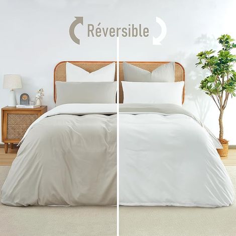 Housse de Couette 240x220 cm Réversible Doux Agréable sur Peau, Fermeture Éclair, Léger Respirant Parure de lit Beige + Taies d'oreiller 65x65 (1/3)