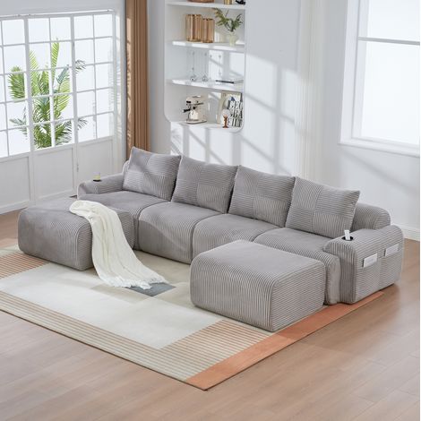 Divano modulare 4 posti in velluto a coste grigio chiaro, 333x174x80 cm, con portabicchieri e tasca laterale (1/3)