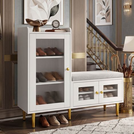 Creahappy Meuble à Chaussures avec Banc 100x35x90 cm - Gain de Place avec Coussin Rembourré Étagère Réglable - Blanc et Doré (1/5)
