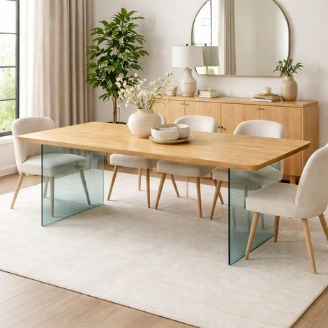 Table extensible chêne huilé bords biseautés pieds verre 180 cm PALERME