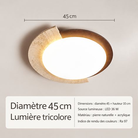 Plafonnier LED travertin jaune et bois wabi-sabi rétro, diamètre 45 cm 3 couleurs, IRC 80-90, 3 kg – Livraison gratuite