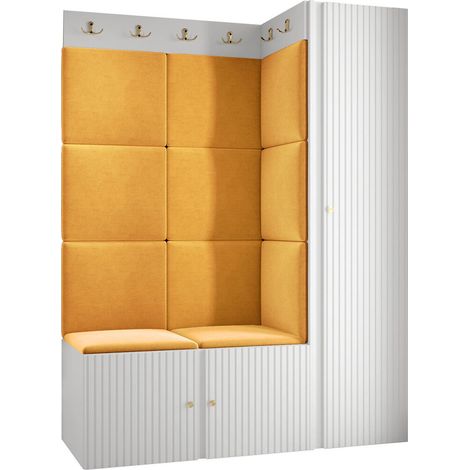 Meuble d'entrée Hartford 385, Blanc, 186x124x46cm, MDF, Stratifié, Tissu, Murale, À poser
